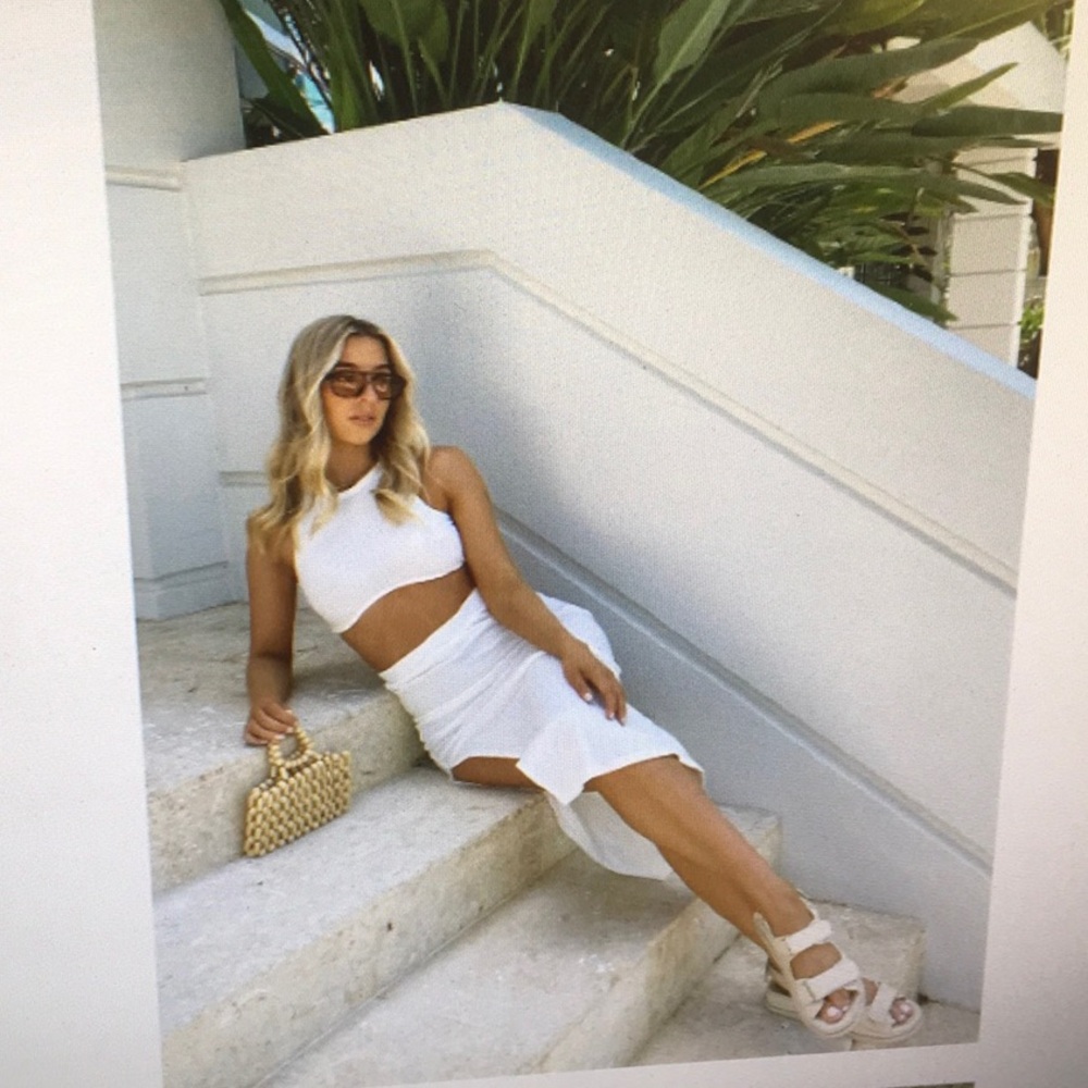 PRINCESS POLLY/WHITE-WIDE RIBBED KNIT MAXI SKIRTwSIDE SLIT/NEW